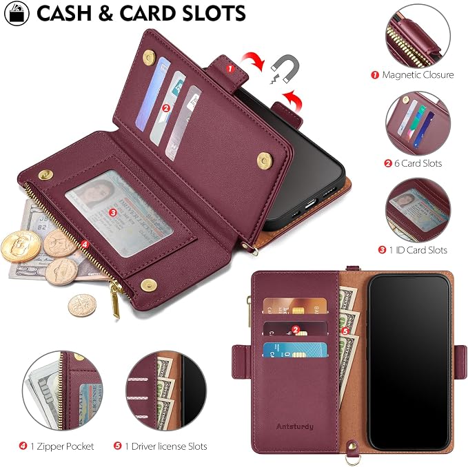 Antsturdy Compatible with iPhone 14 Wallet Case Women Men,RFID Blocking PU Leather Crossbody Phone Case Zipper with Wrist Strap Flip Protective Cover Credit Card Holder for Apple 14 6.1",Wine Red