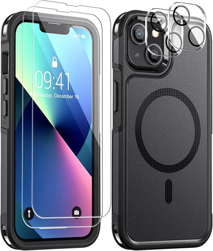 Lanhiem Magnetic for iPhone 13 Case, 2 Pack [Tempered Glass Screen Protectors+Camera Lens Protectors] 10 FT Military Drop Protection Anti-Fingerprint Slim Design Phone Cover for iPhone 13 (Black)