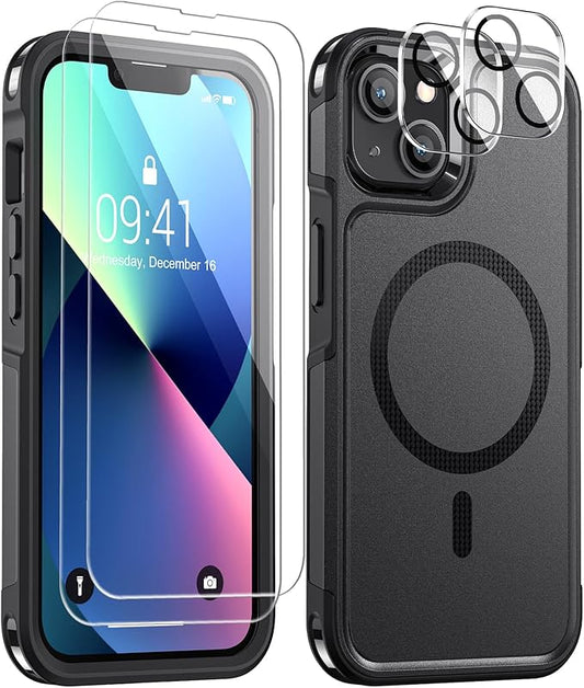 Lanhiem Magnetic for iPhone 13 Case, 2 Pack [Tempered Glass Screen Protectors+Camera Lens Protectors] 10 FT Military Drop Protection Anti-Fingerprint Slim Design Phone Cover for iPhone 13 (Black)