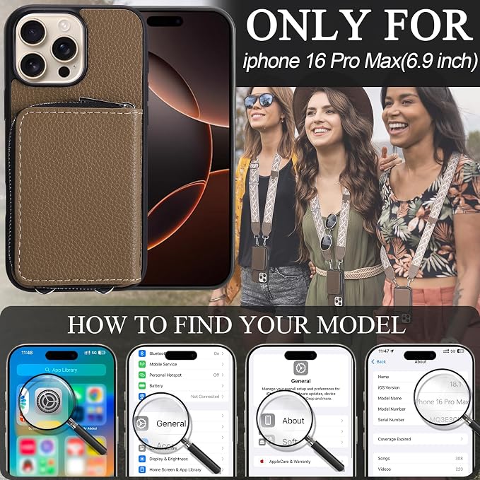 XANGNIER Wallet Case for iPhone 16 Pro Max, RFID Blocking PU Leather Crossbody Phone Purse with Card Holder, Zipper Pocket, Wrist Strap & Adjustable Lanyard for Women 6.9" 5G,Brown