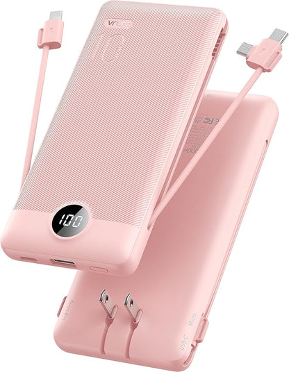VRURC Portable Charger, Power Bank Built-in Cables and AC Wall Plug | USB C Power Bank 10000mAh Travel Essentials Phone Charger Compact External Battery Pack For Smart Phones, Tablets etc-Pink