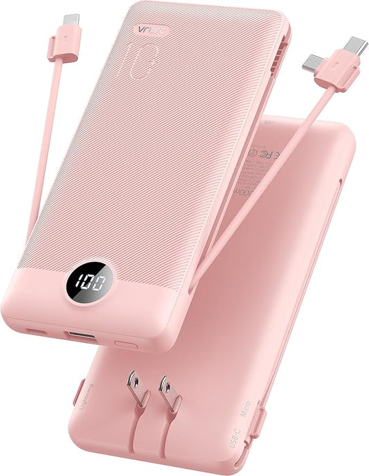 VRURC Portable Charger, Power Bank Built-in Cables and AC Wall Plug | USB C Power Bank 10000mAh Travel Essentials Phone Charger Compact External Battery Pack For Smart Phones, Tablets etc-Pink