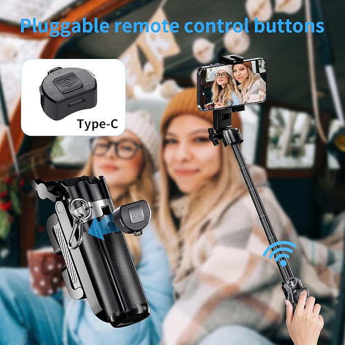 Mini Selfie Stick Tripod Stand for iPhone ，6-Section Adjustable Height Extension (12-42cm)，10 Meter Remote One Click Control ，Suitable for Travel/Live Streaming/Outdoor Multiple Scenes