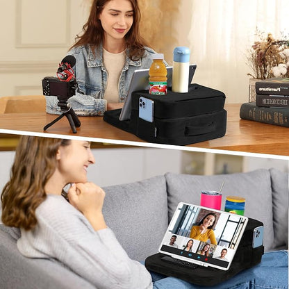 TabCouchCaddy - Couch Cup Holder Tray Pillow - Bed, Couch Caddy, Sofa, RV & Car - Holds Drinks, Snacks, Remotes, Phones, Kindle, Tablet | Bed Cup Holder (Black)