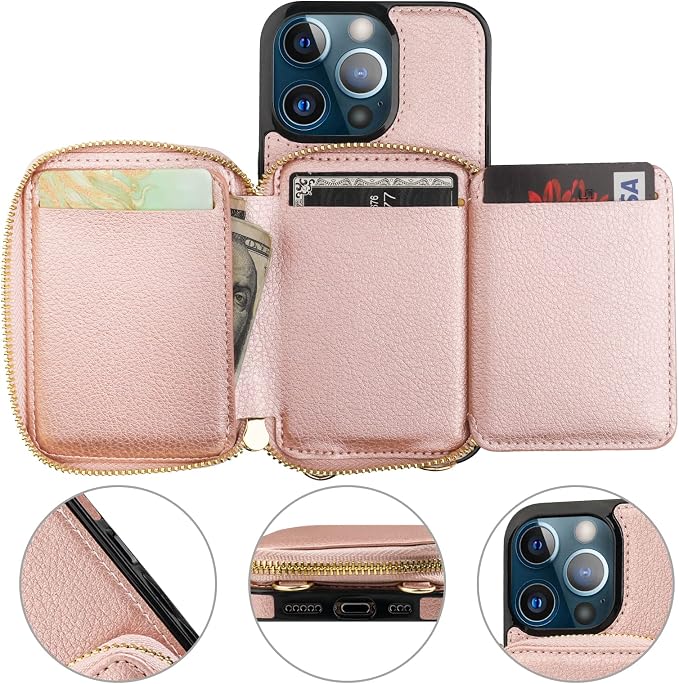 Bocasal RFID Blocking Wallet Case for iPhone 13 Pro, Adjustable Crossbody Zipper Purse Case Card Holder with Kickstand Detachable Wrist Strap, PU Leather Flip Folio Case 6.1 Inch 5G (Rose Gold)
