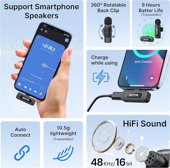BOYA by-V1 Wireless Microphones for iPhone iPad with MFi Certified Lightning Port, 328ft Range, 9H Battery Life, Noise Reduction Mini Mic Clip on Lapel Microphone Wireless for Video Recroding
