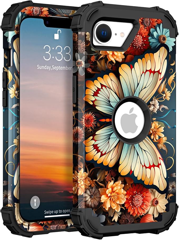 Hocase for iPhone 17e/iPhone 16e Case, Heavy Duty Shockproof Protection Hard Plastic+Silicone Rubber Hybrid Protective Phone Case for iPhone 17e/16e 6.1" - Butterfly on Flowers