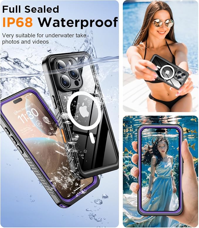 Temdan Magnetic for iPhone 16 Pro Max Case Waterproof,Built-in Screen Protector[IP68 Underwater][Upgrade Military Dropproof][Compatible with MagSafe] Full Body Shockproof Case-Purple