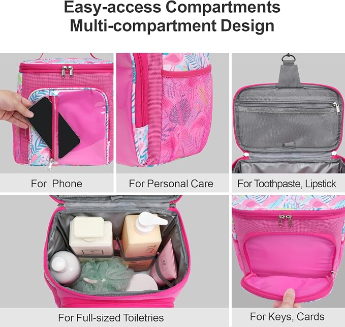 F-color Shower Caddy Portable for College Dorm Essentials - Large Hanging Sturdy Handle Toiletry Tote Bag with Hook, Multiple Pockets, Quick Dry Organizer for Camping, Travel, Gym, Pink Flamingo