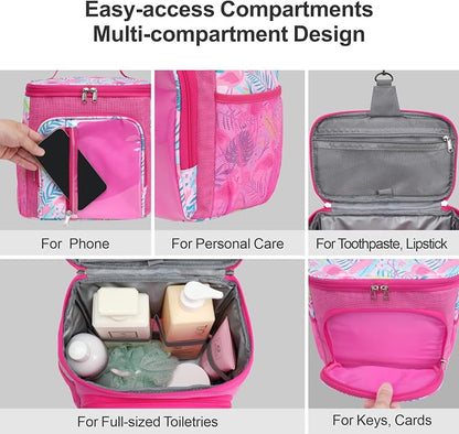 F-color Shower Caddy Portable for College Dorm Essentials - Large Hanging Sturdy Handle Toiletry Tote Bag with Hook, Multiple Pockets, Quick Dry Organizer for Camping, Travel, Gym, Pink Flamingo
