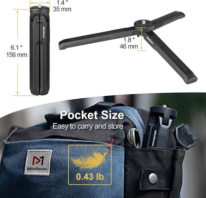 MINIFOCUS Aluminum Mini Tripod, Tabletop Handheld Tripods with 1/4'' and 3/8'' Screw, Portable Mini Travel Stand, Phone Holder for Gimbal Stabilizer DSLR Camera and Monopod