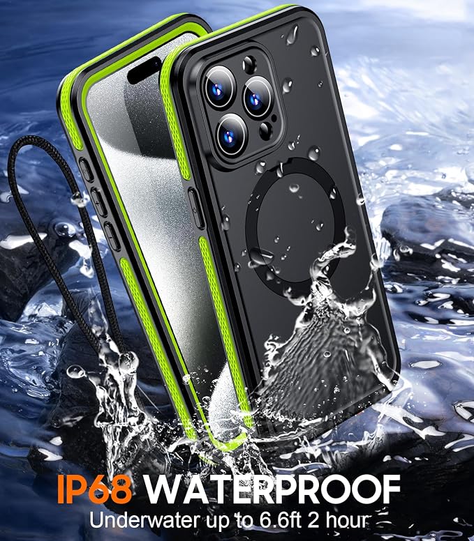 Temdan Magnetic for iPhone 15 Pro Case Waterproof, [Built-in Ring Invisible Stand & Screen Protector][IP68 Underwater][Dropproof][Dustproof][Real 360] Shockproof Protective Phone Case 6.1'' -Green