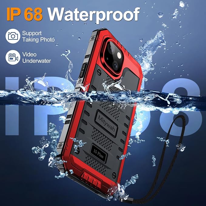 Mitywah Waterproof Case for iPhone 15 Plus, Heavy Duty Shockproof Case with Built-in Screen Protector, Full Body Underwater Protective Metal Case 6.1 inch, Red