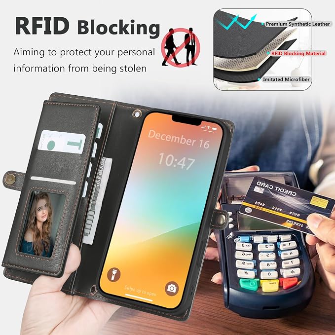 Wallet Case for iPhone 13 Pro with Card Holder/Crossbody Wallet/Strap| RFID Blocking | Magnetic | Kickstand | Detachable | PU Leather Phone Case for iPhone 13 Pro,6.1 in,Black