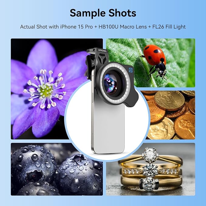 Upgraded Professional Macro Lens for Smartphone with Ring Light, HB100U Macro Photography Lens, Aluminum Phone Camera Lens Kit with Universal Clip. Phone Lens Attachment Fit for iPhone/Android Phone