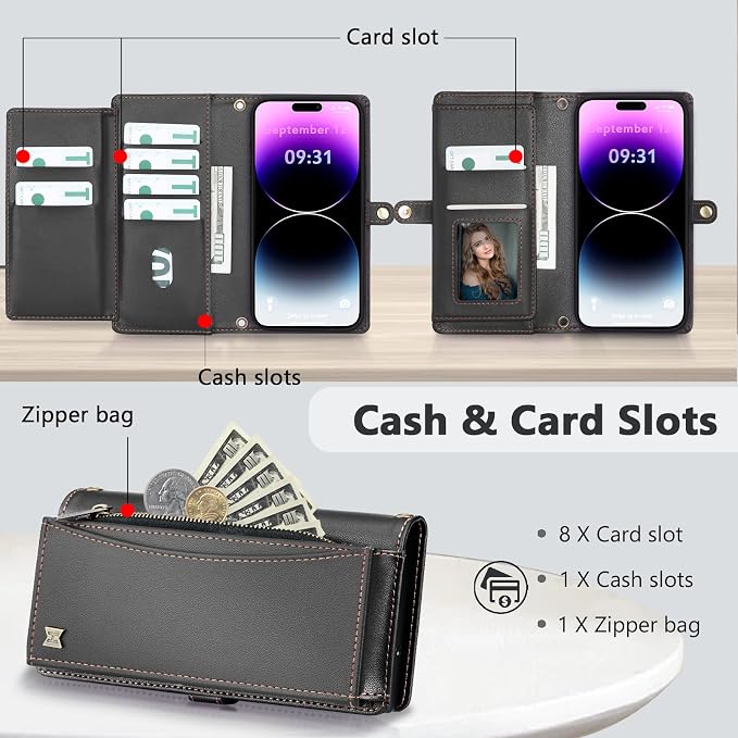 Wallet Case for iPhone 14 Pro with Card Holder/Crossbody Wallet/Strap| RFID Blocking | Magnetic | Kickstand | Detachable | PU Leather Phone Case for iPhone 14 Pro,6.1 in,Black
