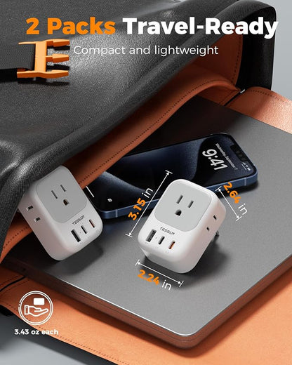 TESSAN 2 Pack European Travel Plug Adapter PD 20W, 3 USB Ports (2 USB C) | 4 American Outlets, No Voltage Conversion, Type C Plug Adapter, for Europe EU Euro Italy Spain France Greece Iceland Germany