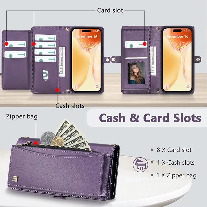 Wallet Case for iPhone 15 with Card Holder/Crossbody Wallet/Strap| RFID Blocking | Magnetic | Kickstand | Detachable | PU Leather Phone Case for iPhone 15,6.1 in,Purple