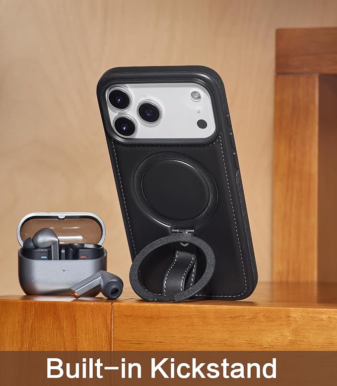 for iPhone 17 Pro Max Leather Case with Stand, Anti-Slip Grip Ring, Fits for MagSafe (Black, iPhone 17 Pro Max)