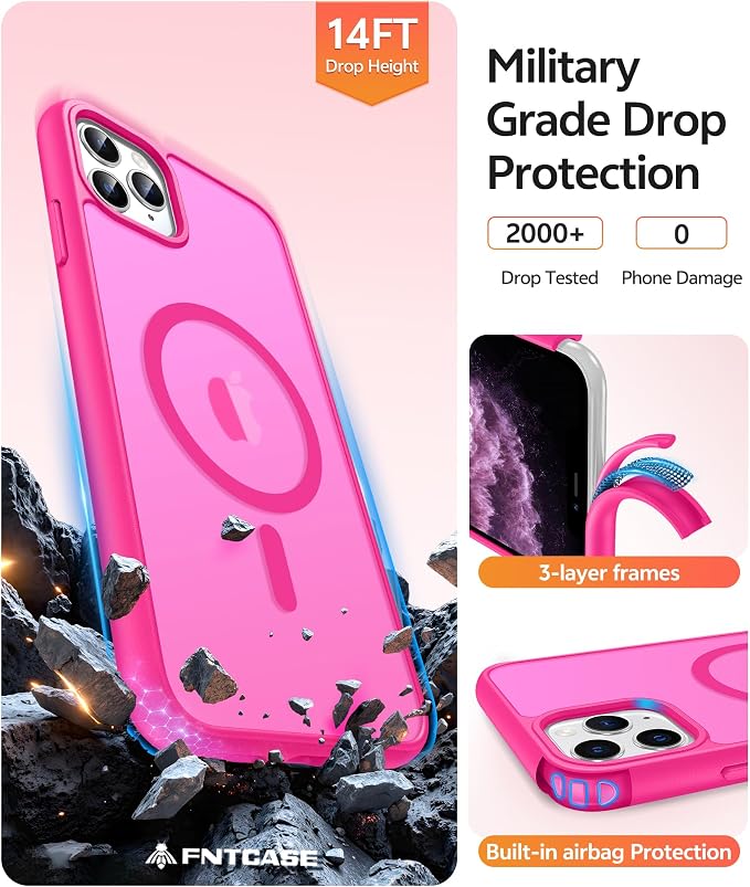 FNTCASE for iPhone 11 Pro Case: [Compatible with Magsafe] Translucent Matte Magnetic Phone Cover - Military Grade Drop Protection Shockproof Protective for iPhone 11Pro 2019 Cases - Hot Pink