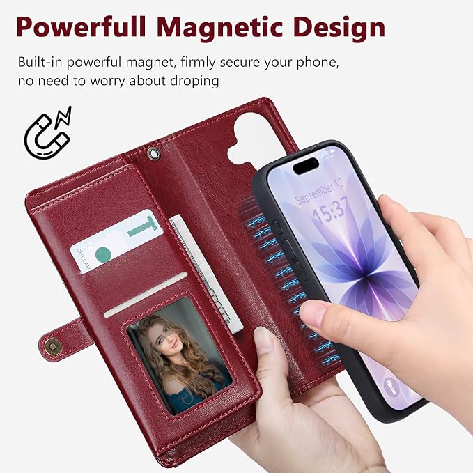 Wallet Case for iPhone 17 with Card Holder/Crossbody Wallet/Strap,[RFID Blocking][Magnetic] PU Leather Phone Case for iPhone 17,6.3 in,Wine Red