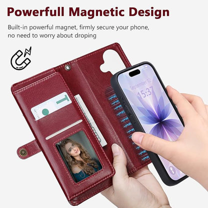 Wallet Case for iPhone 17 with Card Holder/Crossbody Wallet/Strap,[RFID Blocking][Magnetic] PU Leather Phone Case for iPhone 17,6.3 in,Wine Red