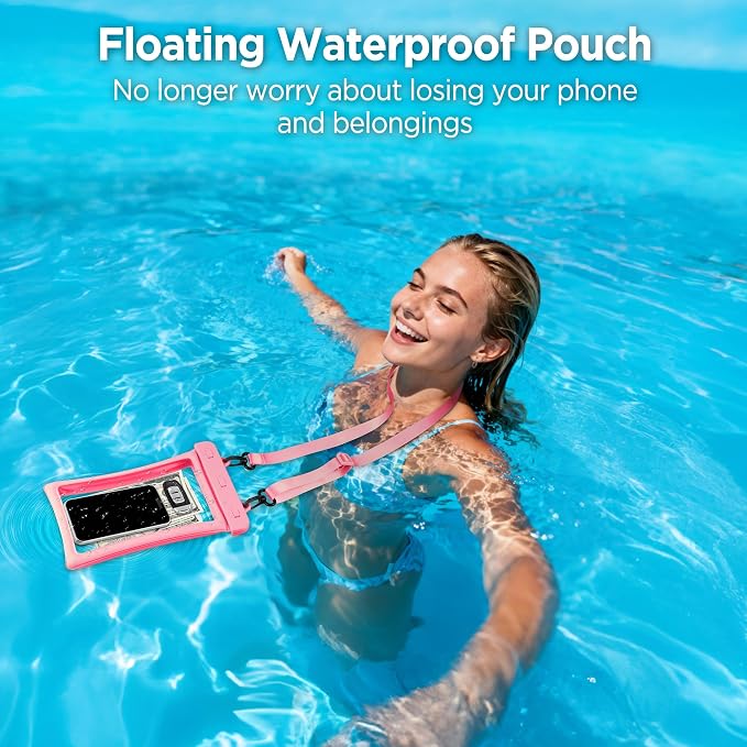CACOE [Floatable Floating Universal IPX8 Waterproof Phone case 2 Pack-Up to 10.0",Adjustable Lanyard Phone Pouch,Cellphone Dry Bags for Vacation Beach Pool Kayak Cruise Travel Essentials（Black+Pink）