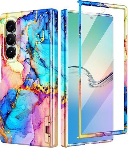 Btscase for Samsung Galaxy Z Fold 7 Case,Built in Front Screen Protector,Gold Glitter Marble Pattern Hard PC Slim Shockproof Full Body Drop Protective Case for Galaxy Z Fold 7 5G, Bright Blue