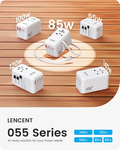 LENCENT 85W Universal Travel Power Adapter with Retractable USB C Cable | GaN International Travel Adapter with 1 USB-A & 3 Type C Fast Charging, Worldwide Plug Adaptor for US to EU UK Type C/G/A/I