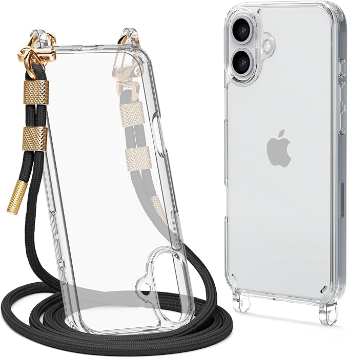 for iPhone 16 Case with Strap, Clear Shockproof Crossbody Phone Cover w/Removable Anti-Theft Adjustable Lanyard for Women, Travel, Shopping, Hiking (6.1", Black)