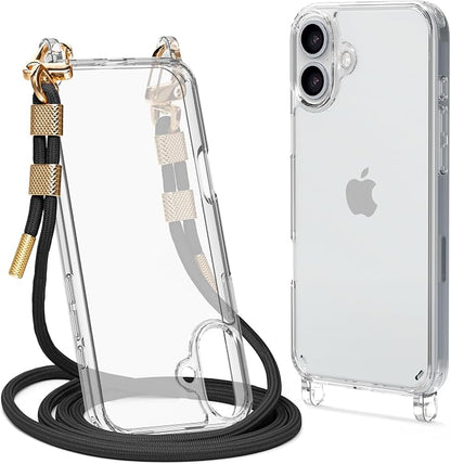 for iPhone 16 Case with Strap, Clear Shockproof Crossbody Phone Cover w/Removable Anti-Theft Adjustable Lanyard for Women, Travel, Shopping, Hiking (6.1", Black)