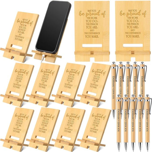 Ripeng 10 Sets Employee Appreciation Gifts Bulk Bamboo Phone Stands with Ballpoint Pens for Desk Office Workers Thank You Gift for Team Coworkers Staff Volunteer Nurse Teacher Colleagues