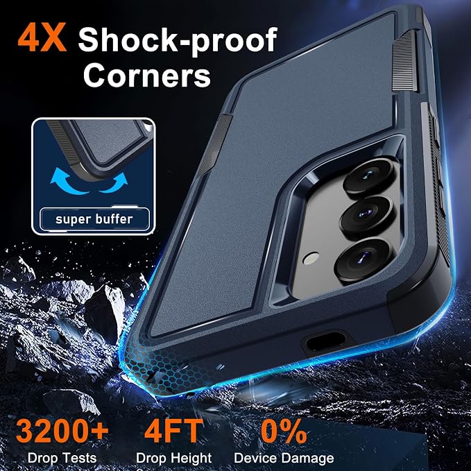 RMOCR Case for Samsung Galaxy S25 Plus, Full Body Heavy Duty Rugged Shockproof Protective Phone Cover with Lanyard Strap, Tempered Glass Screen Protector and Camera Lens Cover, Navy Blue