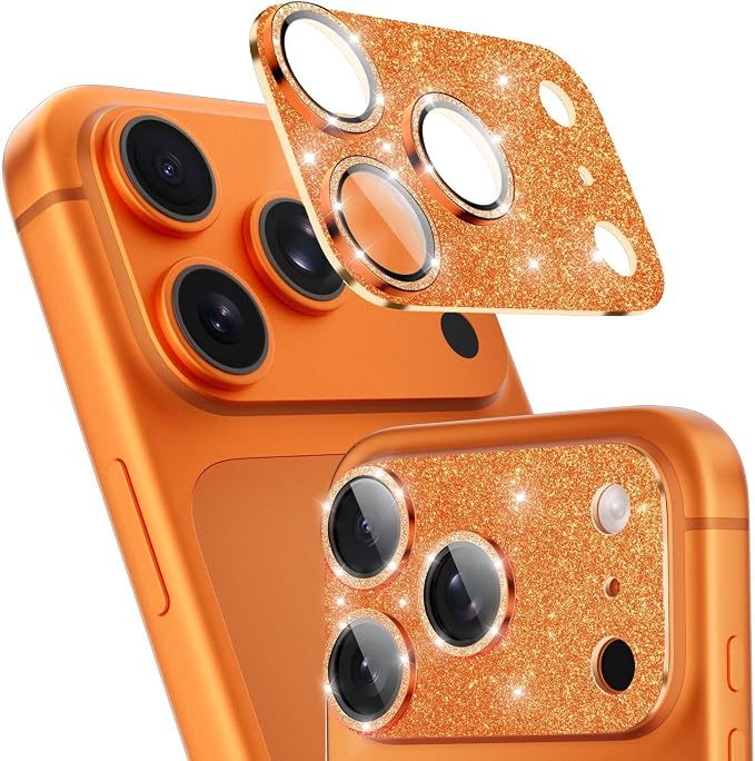 imluckies Compatible with iPhone 17 Pro Camera Lens Protector Bling, Ultra HD Tempered Glass Shiny Diamond Camera Plate Sparkle Screen Protection, 9H Anti-Scratch & Easy Install, Glitter Orange