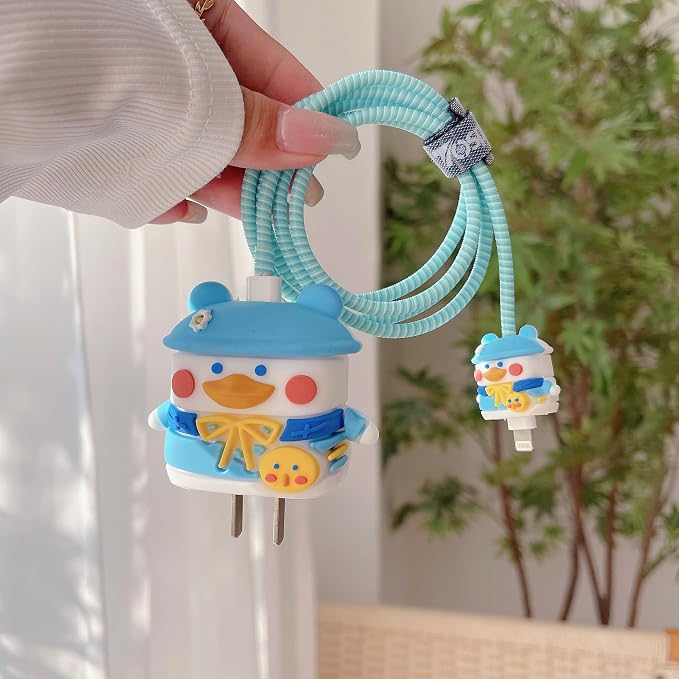 3D Cute Cartoon Charger Protector Case - Compatible for Apple 20W USB-C Power Adapter and Lightning Cable (Hat Duck)