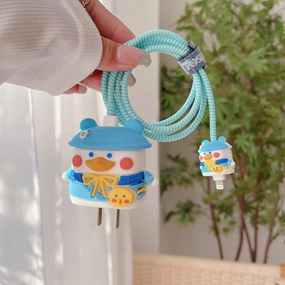 3D Cute Cartoon Charger Protector Case - Compatible for Apple 20W USB-C Power Adapter and Lightning Cable (Hat Duck)