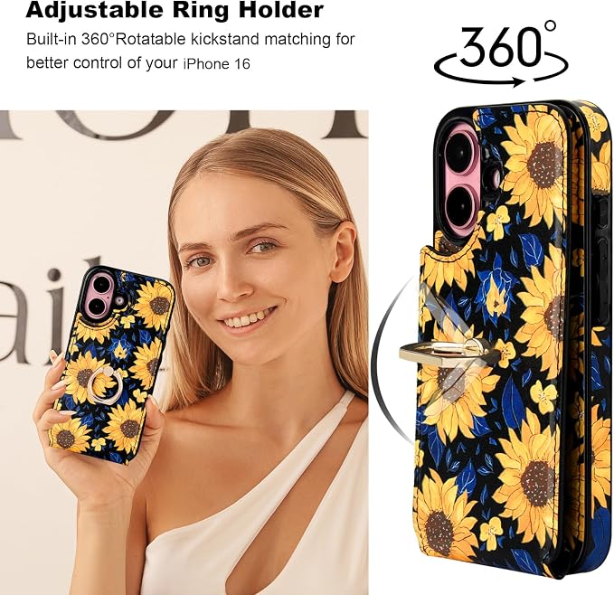 HAOPINSH for iPhone 16 Wallet Case with Card Holder, 360°Rotation Ring Kickstand, Blooming Sunflowers Pattern, RFID Blocking Leather for Girls Women, Protective Cover 6.1"