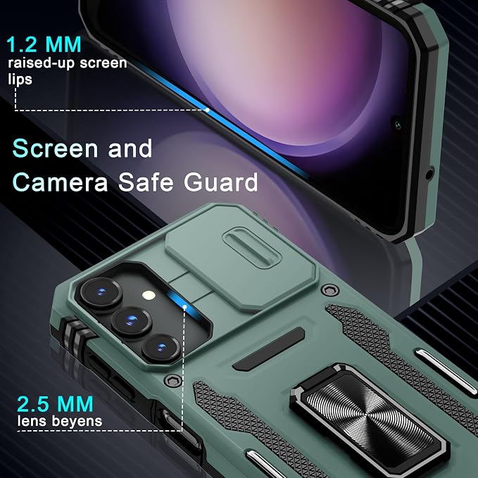 DEERLAMN Case for Samsung Galaxy A16 5G with Slide Camera Cover+Screen Protector (1 Pack), Rotated Ring Kickstand Military Grade Shockproof Protective Cover-Green