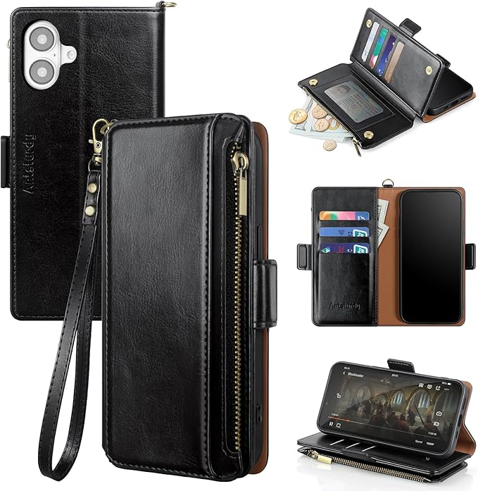 Antsturdy Compatible with iPhone 16 Plus Wallet Case,RFID Blocking PU Leather Phone Case Women Men Kickstand flip Cover Wrist Strap Zipper Credit Card Holder Slots for Apple 16 Plus 6.7",Black