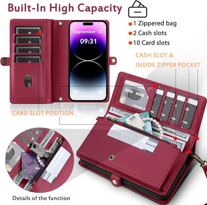 for Wallet Case Compatible with iPhone 14 Pro Max,Multi-Function Detachable 2 in 1 Magnetic iPhone 14 Pro Max Case Wallet,Flip Strap Zipper Card Holder Phone Case with Shoulder Straps (Red)