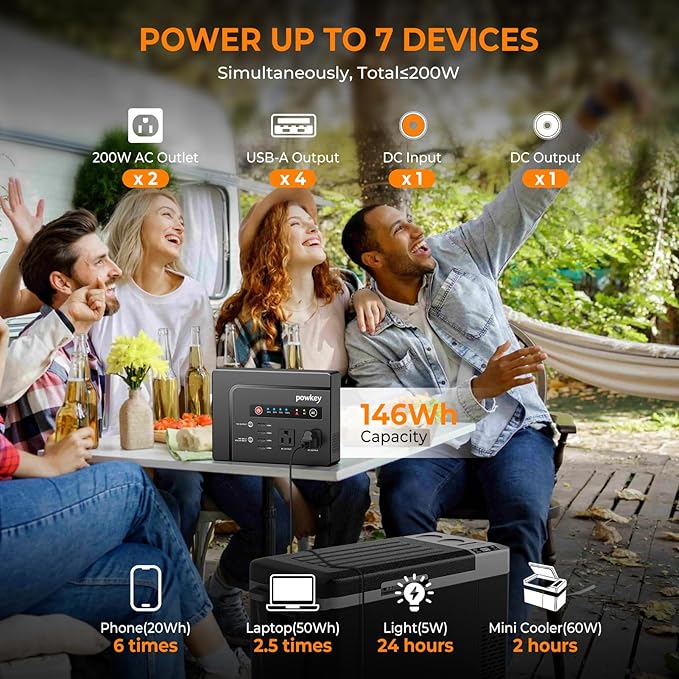 powkey Portable Power Station 200W, 146Wh Portable Solar Generator Battery Pack with 2 Pure Sine Wave AC Outlets/4 USB A/1 DC Port, Lithium Battery Backup Power Supply for Camping Travel Outdoor Home