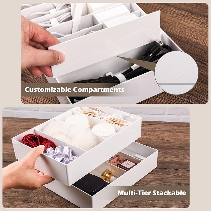 Cable Organizer Box with Wire Ties and Labels, Charger Cable Cord Storage Organizer with Adjustable Compartments, Desk Accessories Storage for Home, Office, Stackable（1Pcs）