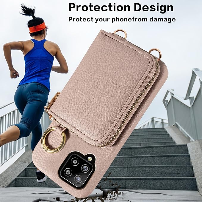 Wallet Case for Samsung Galaxy A22 4G 6.4 inch with Shoulder Strap Ring Buckle, PU Leather Zipper Organ Purse, Credit Card Holder Stand Phone Cover for M32 M22 F22 A 22 22A G4 Women Men Khaki