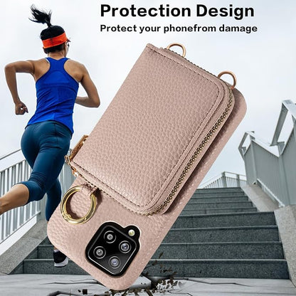 Wallet Case for Samsung Galaxy A22 4G 6.4 inch with Shoulder Strap Ring Buckle, PU Leather Zipper Organ Purse, Credit Card Holder Stand Phone Cover for M32 M22 F22 A 22 22A G4 Women Men Khaki