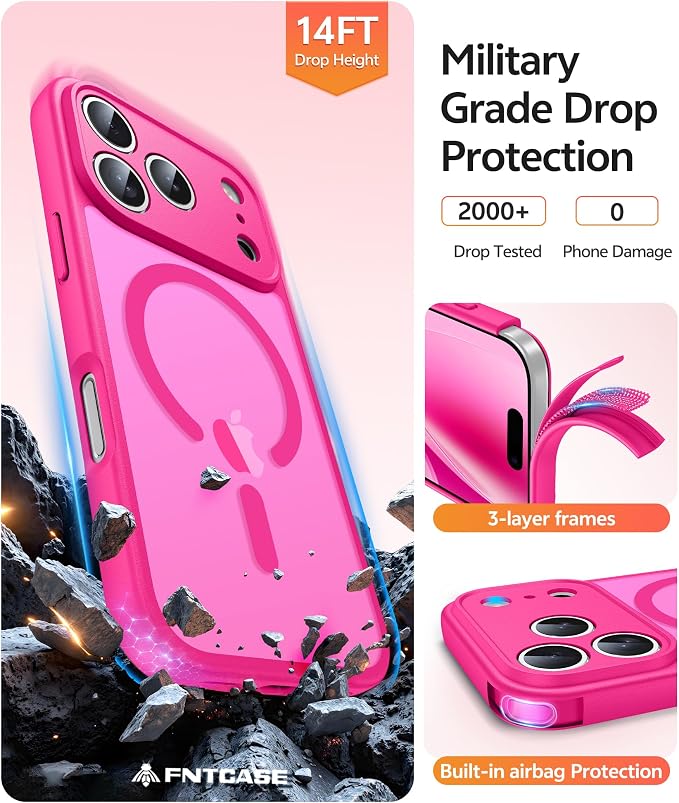 FNTCASE for iPhone 17 Pro Max Case: [Compatible with Magsafe] Translucent Matte Cases with [Full Camera Protection] [Screen Protector] Military Grade Shockproof Protective Phone Cover - Hot Pink
