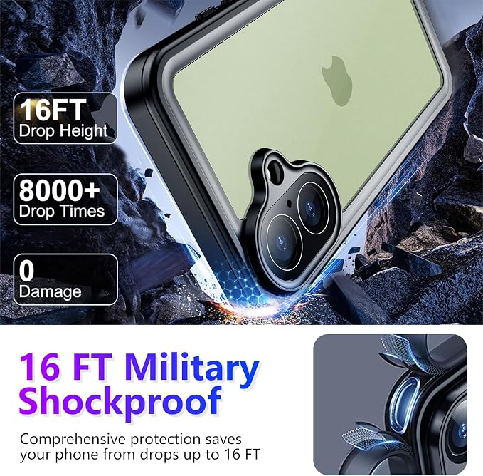 Temdan Compatible with iPhone 17 Case,Waterproof Built-in Screen & Camera Protector IP68 Underwater Full Body 17FT Military Dropproof Shockproof Phone Case 6.3"-Black/Clear