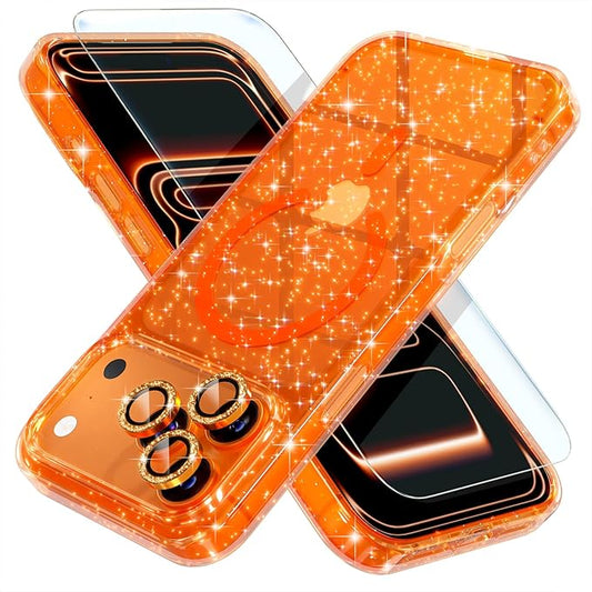 Choiche Magnetic for iPhone 17 Pro Case Compatible with MagSafe, Women Cute Glitter Sparkly Phone Case with Diamond Camera Lens Protectors, Military-Grade Drop Protection 6.3" (Orange)
