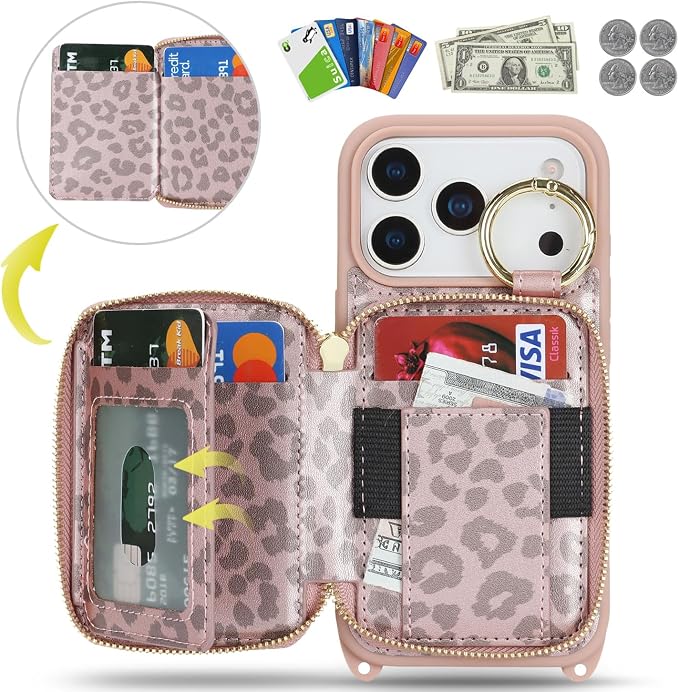 Crossbody Wallet Case for iPhone 17 Pro, PU Leather Zipper Handbag Purse Flip Cover, Kickstand Folio Case with Card Slots Holder Wrist Strap Lanyard 5G 6.3 Inch-Pink Leopard