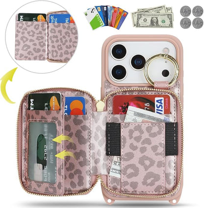 Crossbody Wallet Case for iPhone 17 Pro, PU Leather Zipper Handbag Purse Flip Cover, Kickstand Folio Case with Card Slots Holder Wrist Strap Lanyard 5G 6.3 Inch-Pink Leopard
