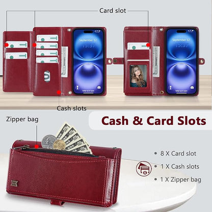 Wallet Case for iPhone 16 with Card Holder/Crossbody Wallet/Strap| RFID Blocking | Magnetic | Kickstand | Detachable | PU Leather Phone Case for iPhone 16,6.1 in,Wine Red